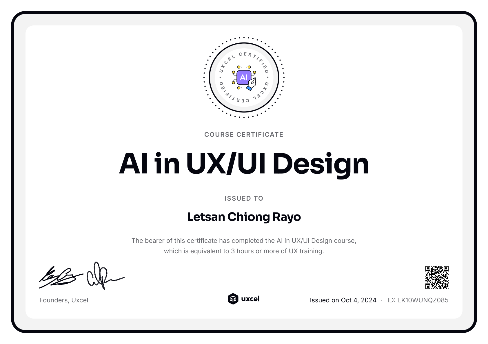 Letsan Chiong Rayo's certificate